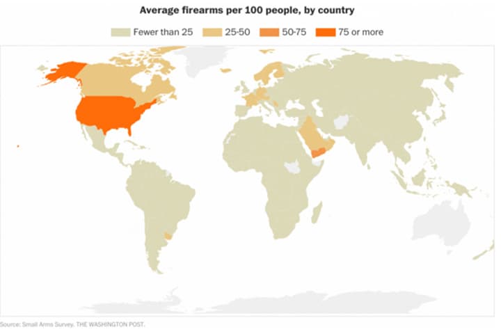 A map showing the gun ownership per 100 people around the world, compiled by the Washington Post via data sets collected by the Small Arms Survey. (Washington Post)