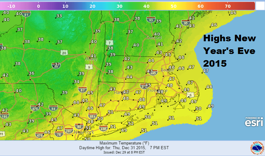 Expected highs on New Year's Eve. (Courtesy NOAA)