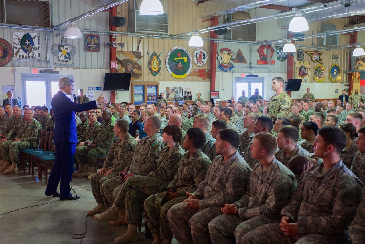 U.S. Secretary of State John Kerry fields an audience question after addressing a cross-service corps of U.S. service members stationed at Camp Lemonnier - the only U.S. military base in Africa - during a visit to Djibouti, Djibouti, on May 6, 2015. [State Department photo/ Public Domain]