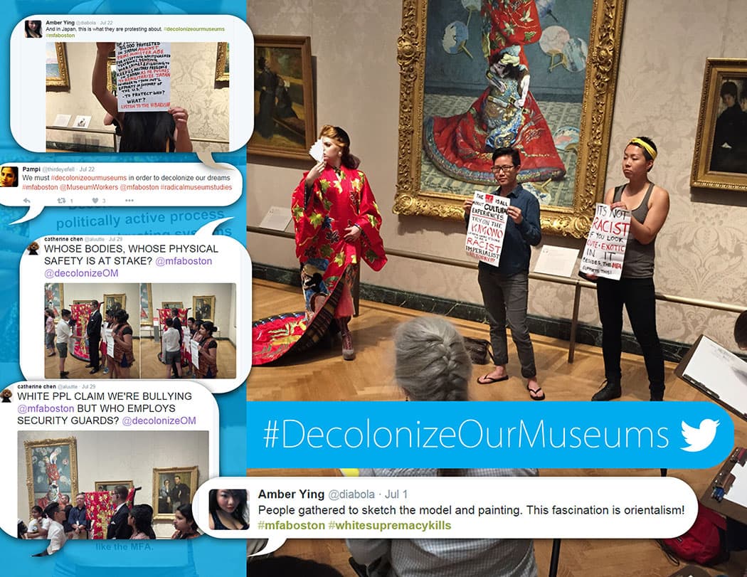 One of the “Decolonize Our Museums” protests at Museum of Fine Arts, plus snapshots of the online discussion. (Courtesy of Amber Ying and Shaina Lu/Decolonize Our Museums)