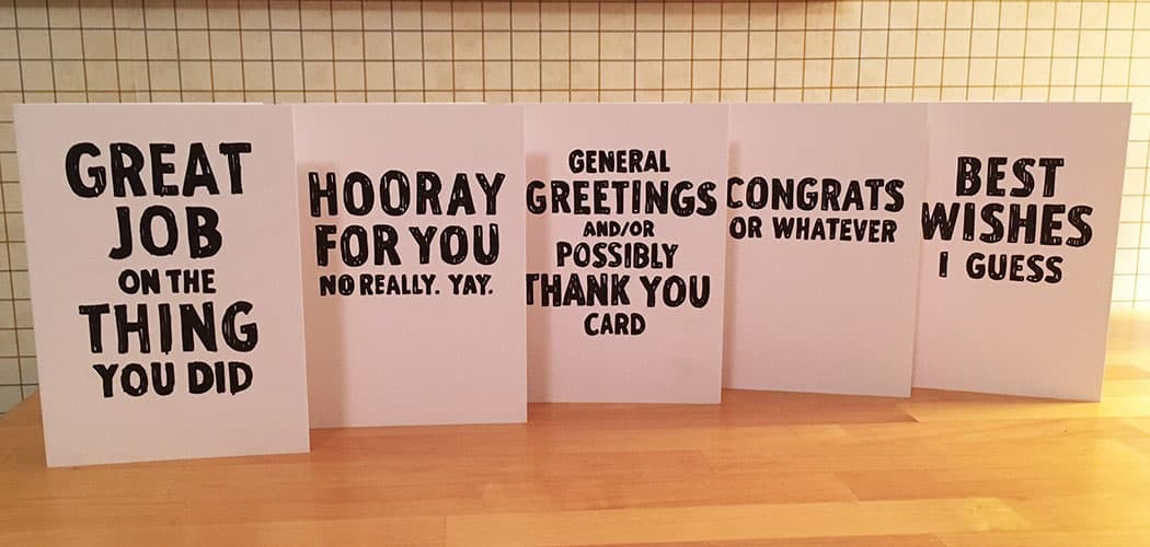 Tim McCool's set of "General Greetings and/or Possibly Thank You Cards." (Courtesy of Tim McCool)