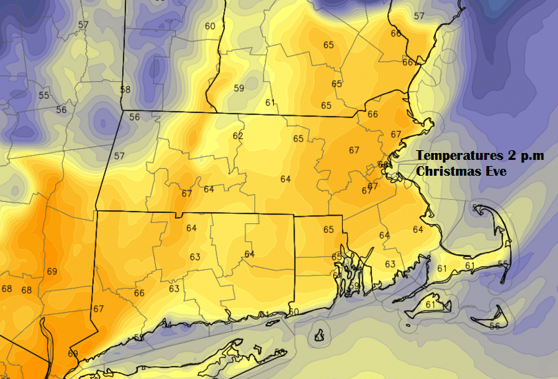 A look at temperatures on Christmas Eve afternoon. (Courtesy of Weatherbell Analytics)