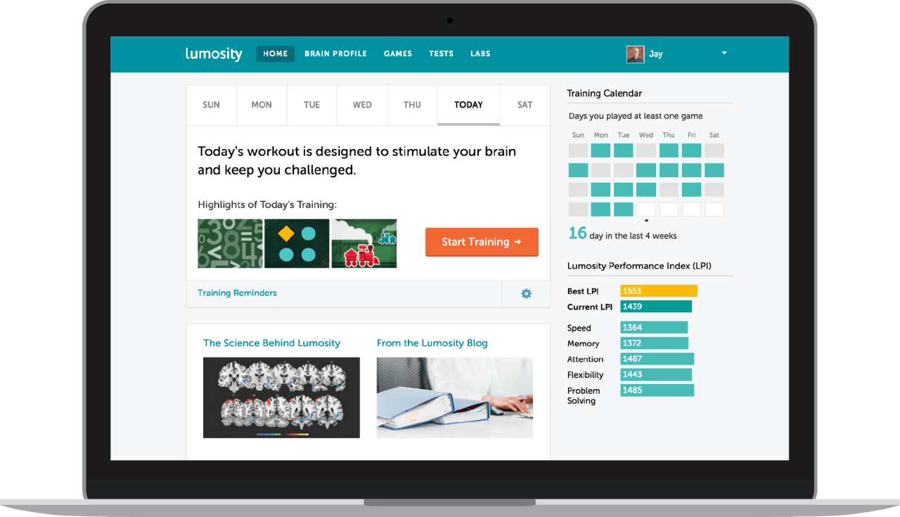 The Lumosity interface is pictured in this image from lumosity.com.