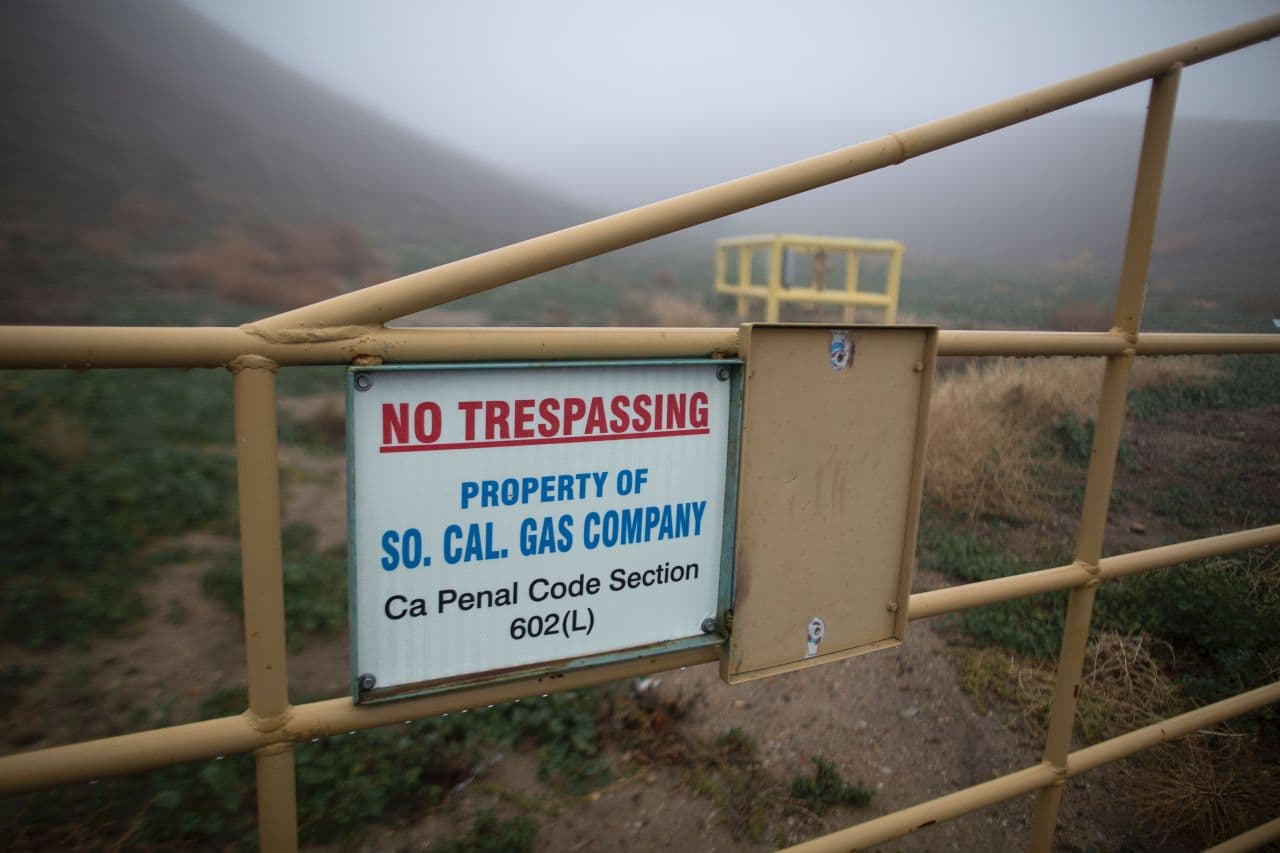 The boundary of Southern California Gas Company property, where Aliso Canyon Storage Field is located, is seen as people continue to be affected by a massive natural gas leak in the Porter Ranch neighborhood of the of the San Fernando Valley region of Los Angeles, California, on December 22, 2015. (David McNew/AFP/Getty Images)