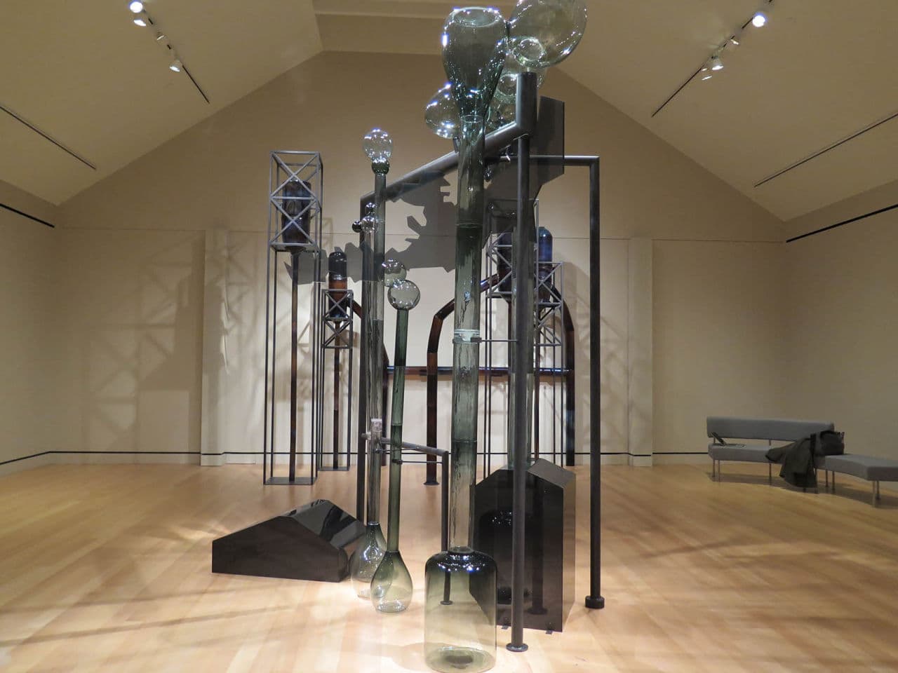 Maria Magdalena Campos-Pons' installation called Alchemy of the Soul -- uses large-scale, glass blown sculptures that evoke Campos-Pons’ childhood home in Cuba. She grew up in former slave barracks for one of Cuba’s now-defunct sugar cane plantations/refinery operations. (Andrea Shea/WBUR)
