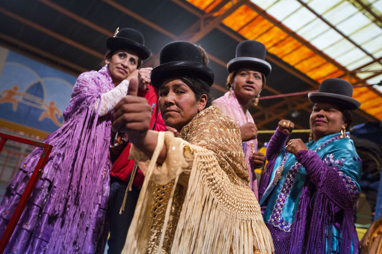 Angela La Folklorista (right) is one of the cholitas luchadoras: a group of indigenous Bolivian women wrestlers.
(Courtesy Trevin Spencer)