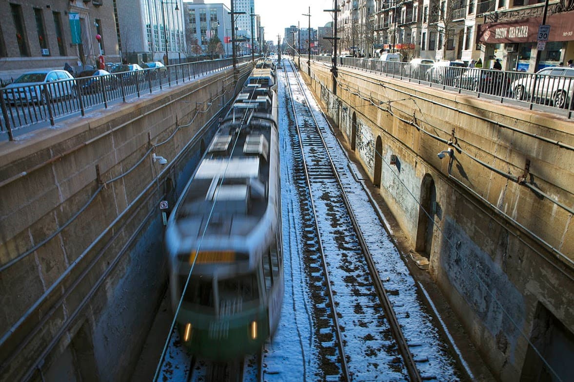 An MBTA Green Line train heads into a tunnel on Huntington Avenue. (Jesse Costa/WBUR)