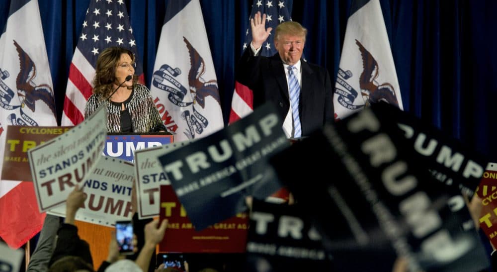 Rich Barlow: Sarah Palin and Donald Trump, pictured here during a rally at the Iowa State University on Tuesday, speak to cultural grievances rather than ideas. And we'd be foolish to disregard the genuine dismay luring some voters to their camp. (Mary Altaffer/ AP)