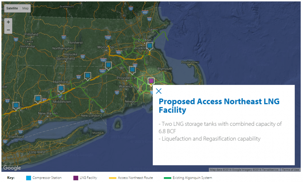 Access Northeast's map of the pipeline, with the proposed LNG facility in Acushnet highlighted. (Courtesy Access Northeast)