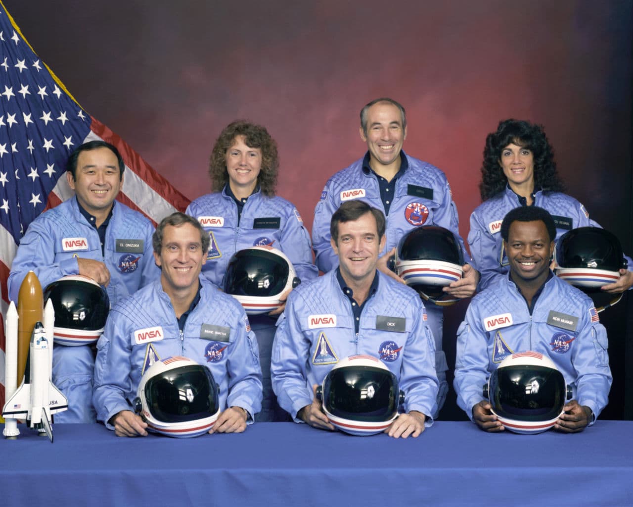 From front left, the crew members who died: pilot Michael J. Smith, commander Francis R. (Dick) Scobee, and mission specialist Ronald E. McNair. From rear left: mission specialist Ellison Onizuka, teacher Christa McAuliffe, payload specialist Gregory Jarvis, and mission specialist Judith Resnik. (NASA, via AP)