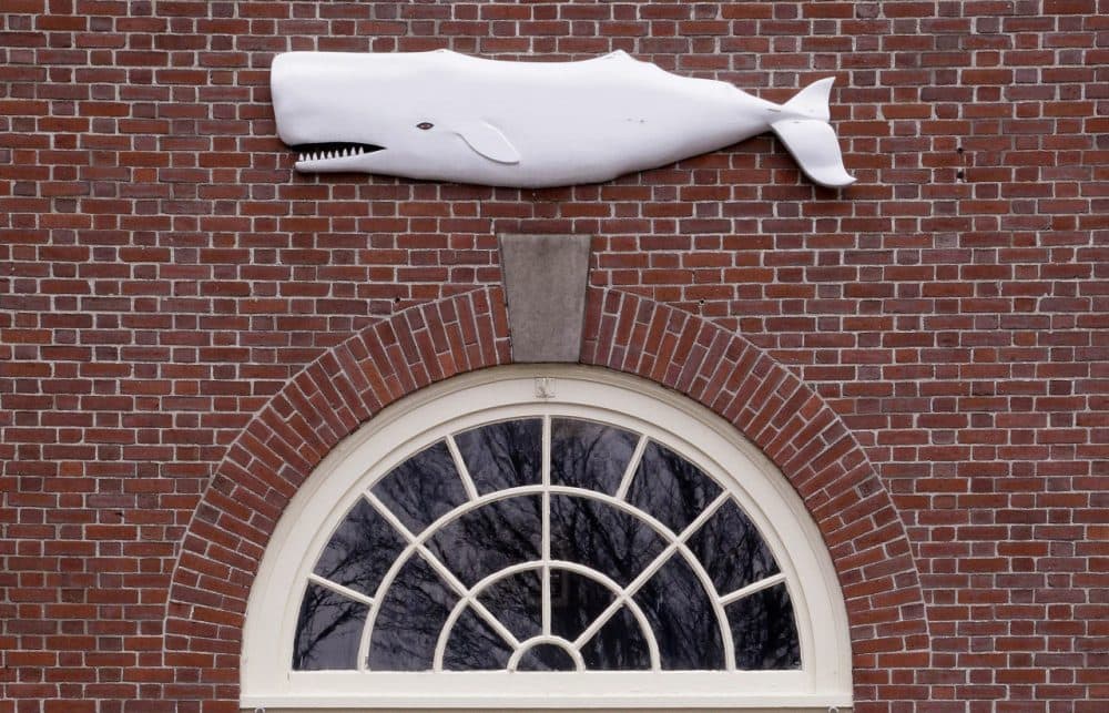 In this Dec. 8, 2015, file photo, the likeness of a whale adorns a door at the New Bedford Whaling Museum. This month, the museum will hold its annual marathon reading of Herman Melville's classic novel, &quot;Moby-Dick&quot; online. (Stephan Savoia/AP)