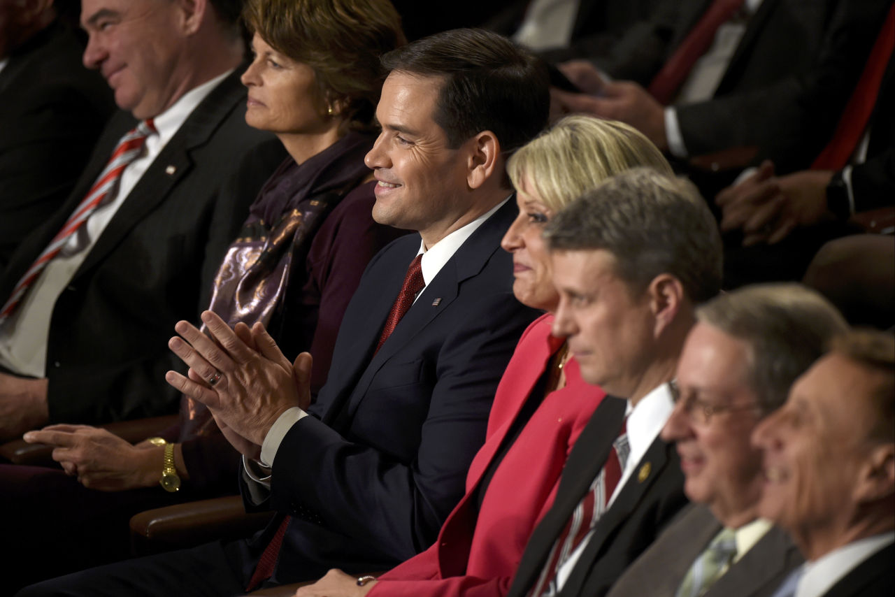 Republican presidential candidate, Florida U.S. Sen. Marco Rubio and others listen during President Obama's State of the Union. (Susan Walsh/AP)