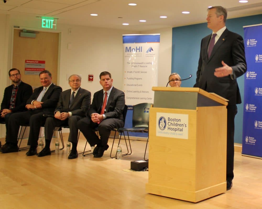 Gov. Charlie Baker speaks at a press conference at Boston Children's Hospital Thursday announcing a new public-private partnership to boost the state's digital health care sector. (Greta Jochem for WBUR)