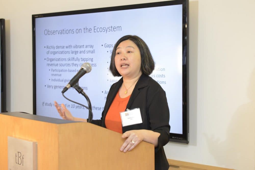 Juliana Koo, vice president of TDC, at the presentation of &quot;How Boston and Other American Cities Support and Sustain the Arts&quot; at the Boston Foundation. (Courtesy Boston Foundation)