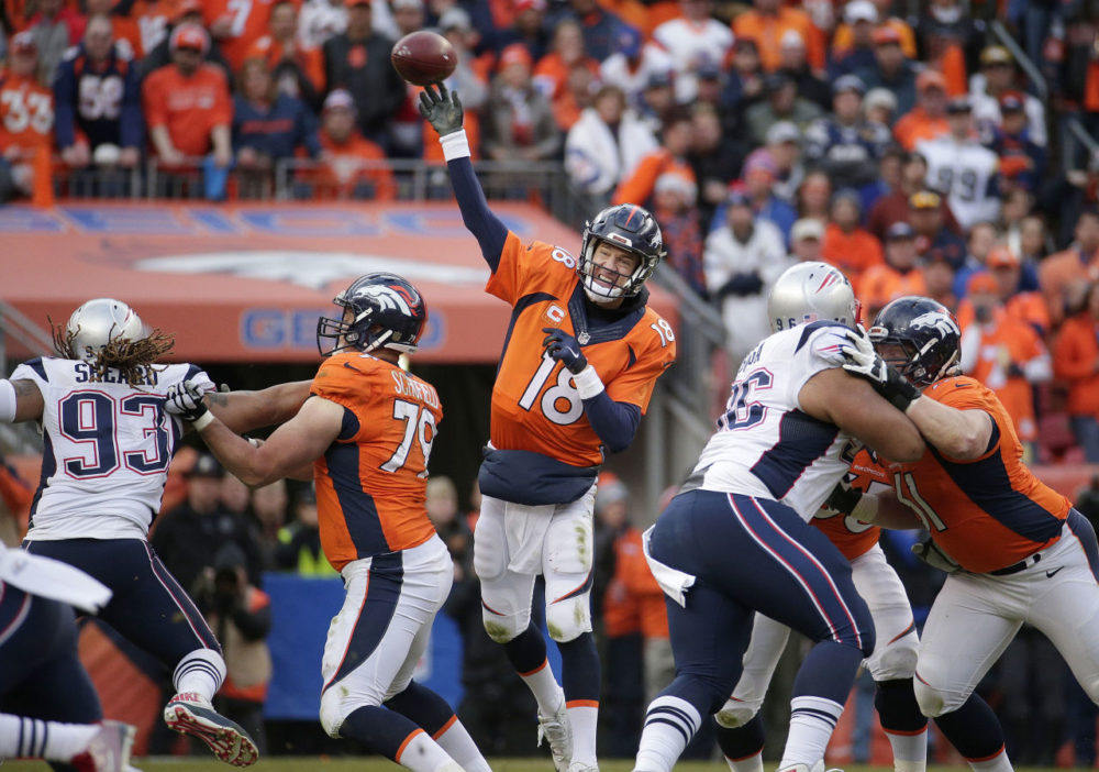 Broncos quarterback Peyton Manning passes during the second half of the AFC Championship. The Broncos held on to beat the Patriots 20-18. (Charlie Riedel/AP)