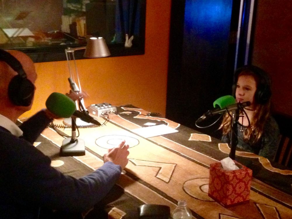 Grace Barry sits across from her father Dan Barry during a recording session for the Modern Love podcast (Courtesy)