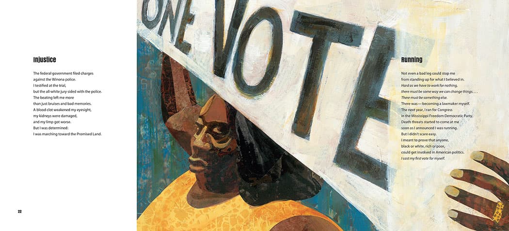 "Not even a bad leg could stop me for standing up for what I believed in." From “Voice of Freedom.” Text copyright 2015 by Carole Boston Weatherford. Illustrations copyright 2015 by Ekua Holmes. Reproduced by permission of the publisher, Candlewick Press, Somerville, Mass. (Courtesy of Candlewick Press)