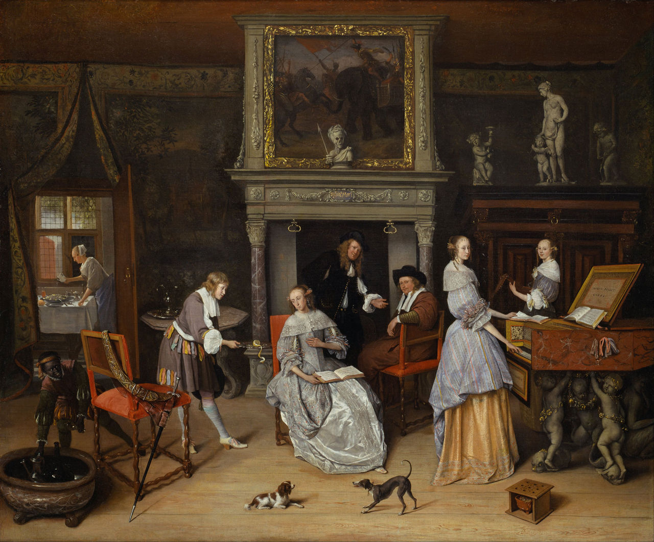 Jan Steen, Dutch (1626-1679). "Fantasy Interior with Jan Steen and the Family of Gerrit Schouten," ca. 1659-1660. Oil on canvas, 33 3/8 x 39 13/16 inches. The Nelson-Atkins Museum of Art, Kansas City, Missouri. Purchase: William Rockhill Nelson Trust, 67-8. (Courtesy of The Nelson-Atkins Museum of Art, Kansas City, Missouri)