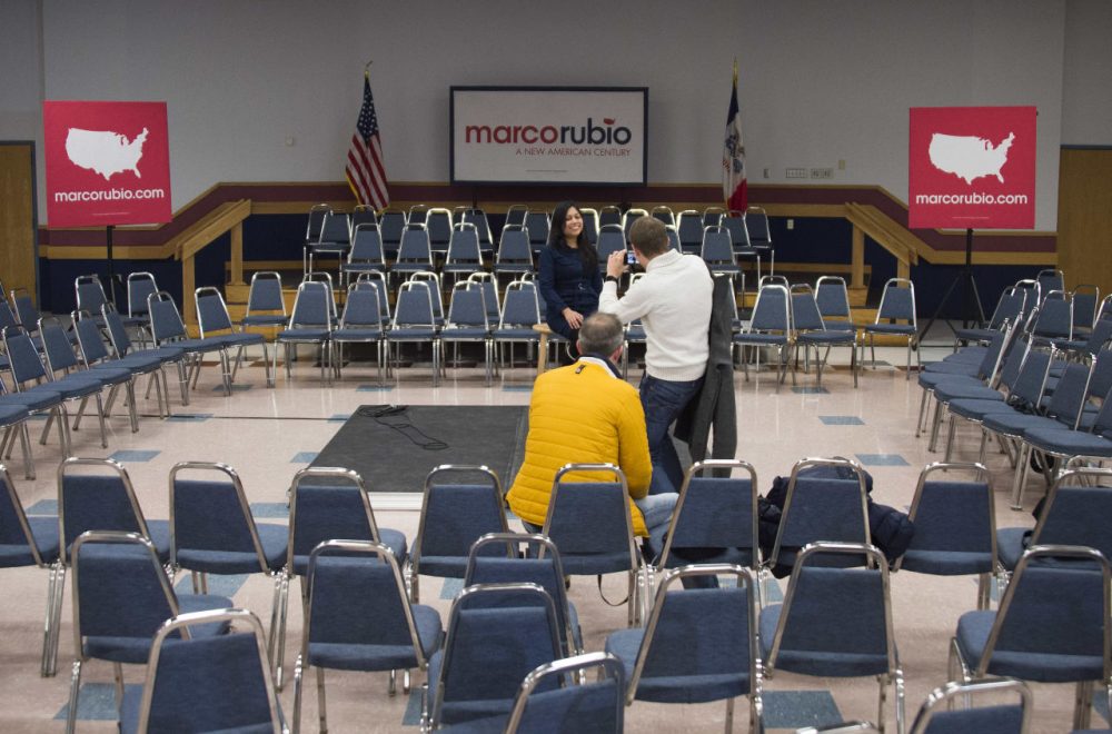 Caucus tourists from the Netherlands, Lars Duursma (yellow coat), Victor Vlam (right) and Bertine Moenaff are pictured after Republican presidential candidate Marco Rubio spoke at Marshalltown Community College in Marshalltown, Iowa, January 26, 2016, ahead of the Iowa caucuses. (Jim Watson/AFP/Getty Images)