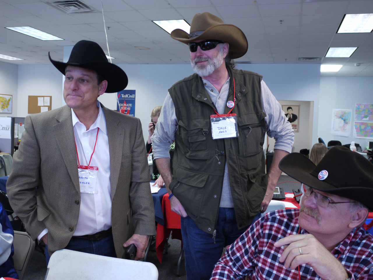 These ranchers drove 1,000 miles from Houston to volunteer for Ted Cruz. They were making phone calls from the Cruz campaign office in Urbandale, Iowa. (Alex Ashlock/Here &amp; Now)