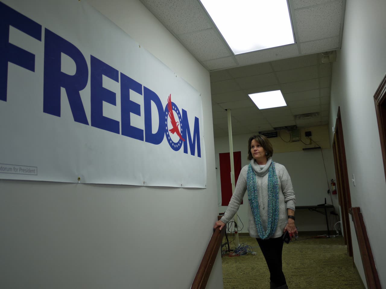 Jane Jech is a member of Rick Santorum’s field staff in Urbandale, Iowa. Santorum won the 2012 caucus, belatedly, over Mitt Romney, but this time around Santorum is way down in the polls, with Trump, Cruz and Rubio getting most of the attention. About that state of affairs, she told us it's “frustrating, very frustrating.” (Alex Ashlock/Here &amp; Now)