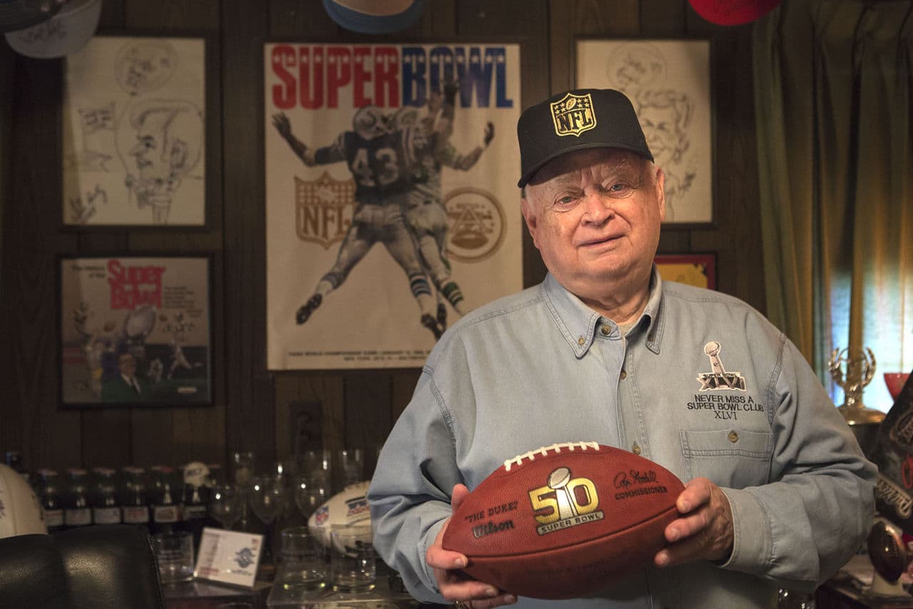 Don Crisman has been to every Super Bowl game since they began in 1967. (Jesse Costa/WBUR)