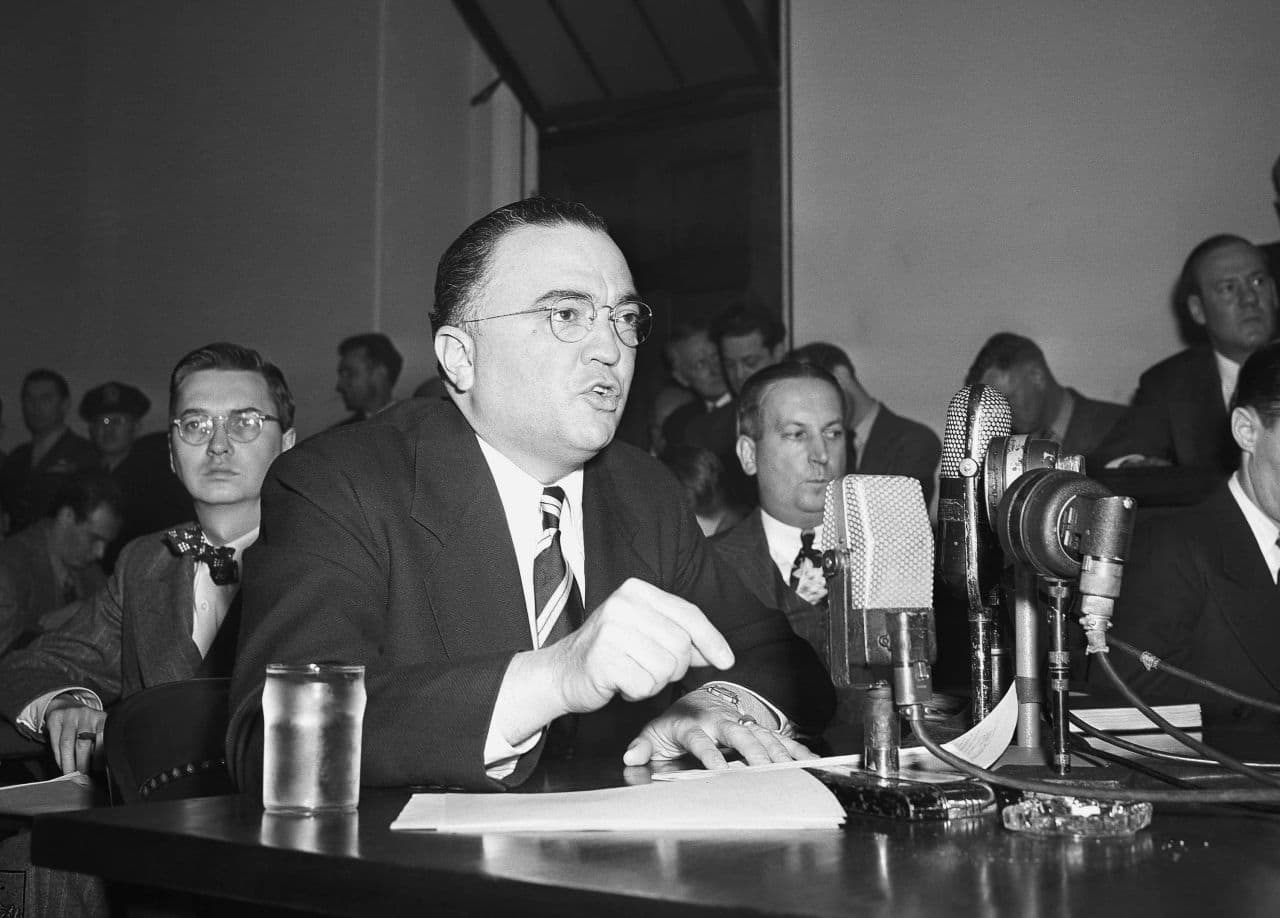 J. Edger Hoover, director of the Federal Bureau of investigation, calls the communist party of the United States a "fifth column" whose "goal is the overthrow of our government" as he testifies in Washington in 1947 before the House Un-American activities committee. (AP)