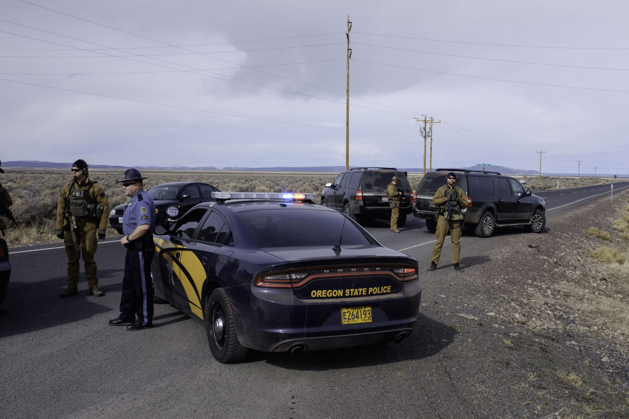 The FBI and Oregon State Police temporarily close a stretch of road near the Malheur Wildlife Refuge Headquarters near Burns, Oregon, on February 11, 2016.
The FBI surrounded the last protesters holed up at a federal wildlife refuge in Oregon amid reports they will surrender on Thursday, suggesting the weeks-long armed siege is approaching a climax. (Rob Kerr/AFP/Getty Images)
