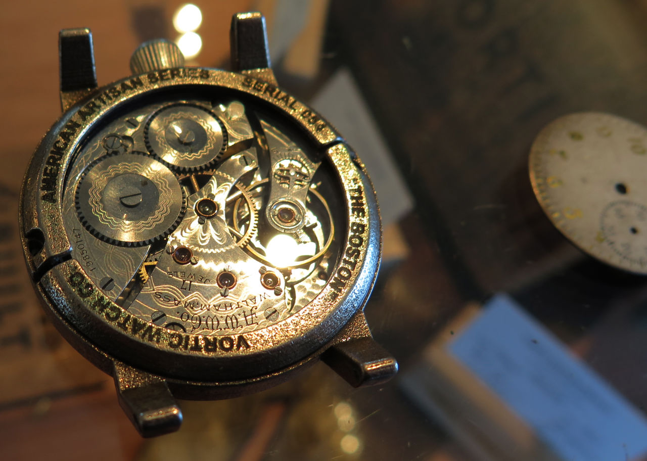 A Waltham-made timepiece in one of Vortic Watch Company's watches. (Curt Nickisch/WBUR)