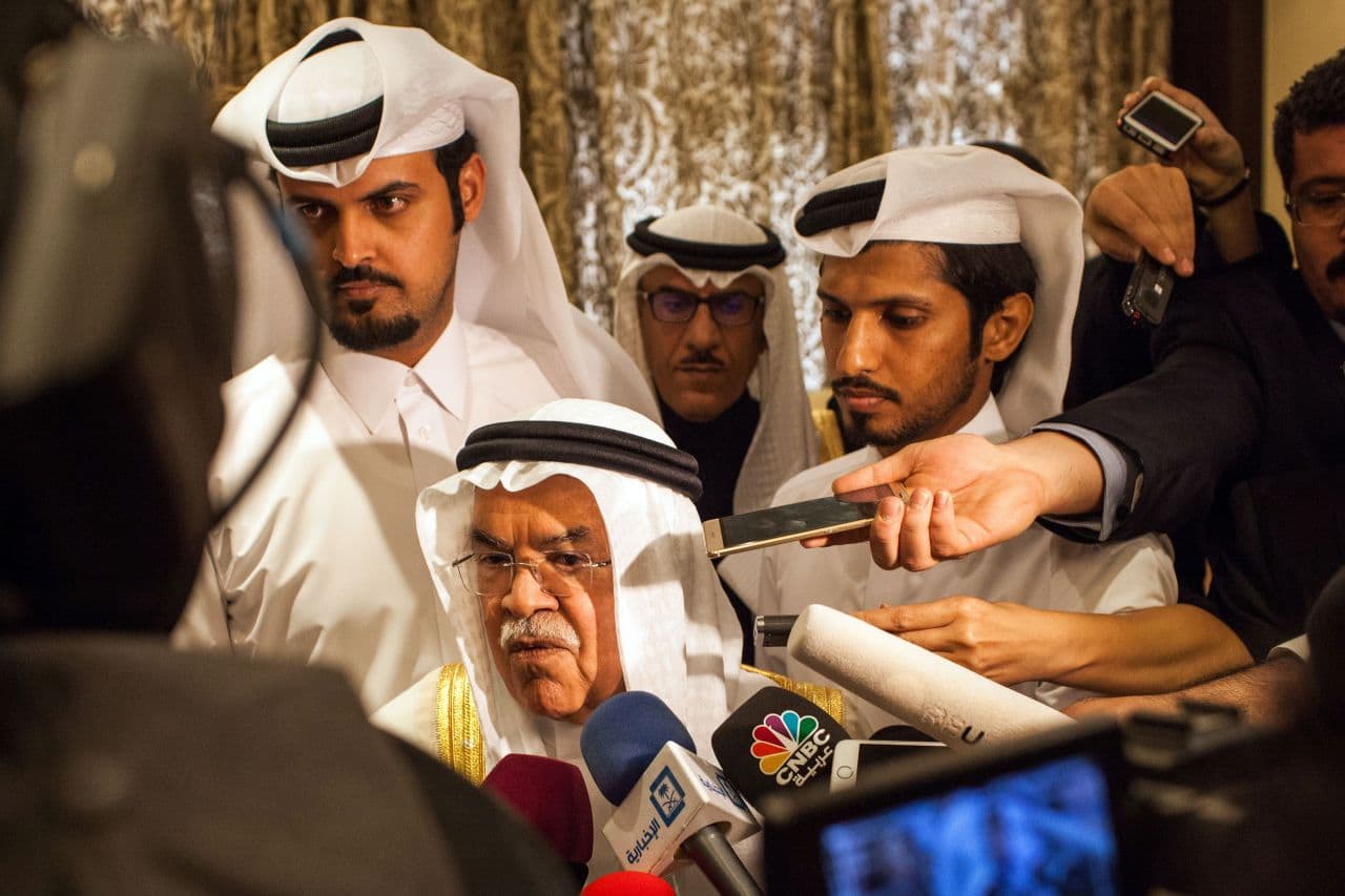 Saudi Arabia's minister of Oil and Mineral Resources Ali al-Naimi (C) speaks to the press ahead of a meeting on February 16, 2016 in the Qatari capital Doha, with Qatar's, Venezuela's and Russia's ministers for energy and petrol.
Energy giants Saudi Arabia and Russia agreed to freeze oil output to try to stabilise the market if other major producers do the same, Qatar's oil minister said. (OLYA MORVAN/AFP/Getty Images)