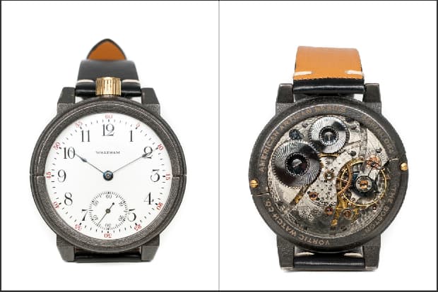 Two watches embossed to indicate their local ties. (Courtesy Vortic Watch Company)