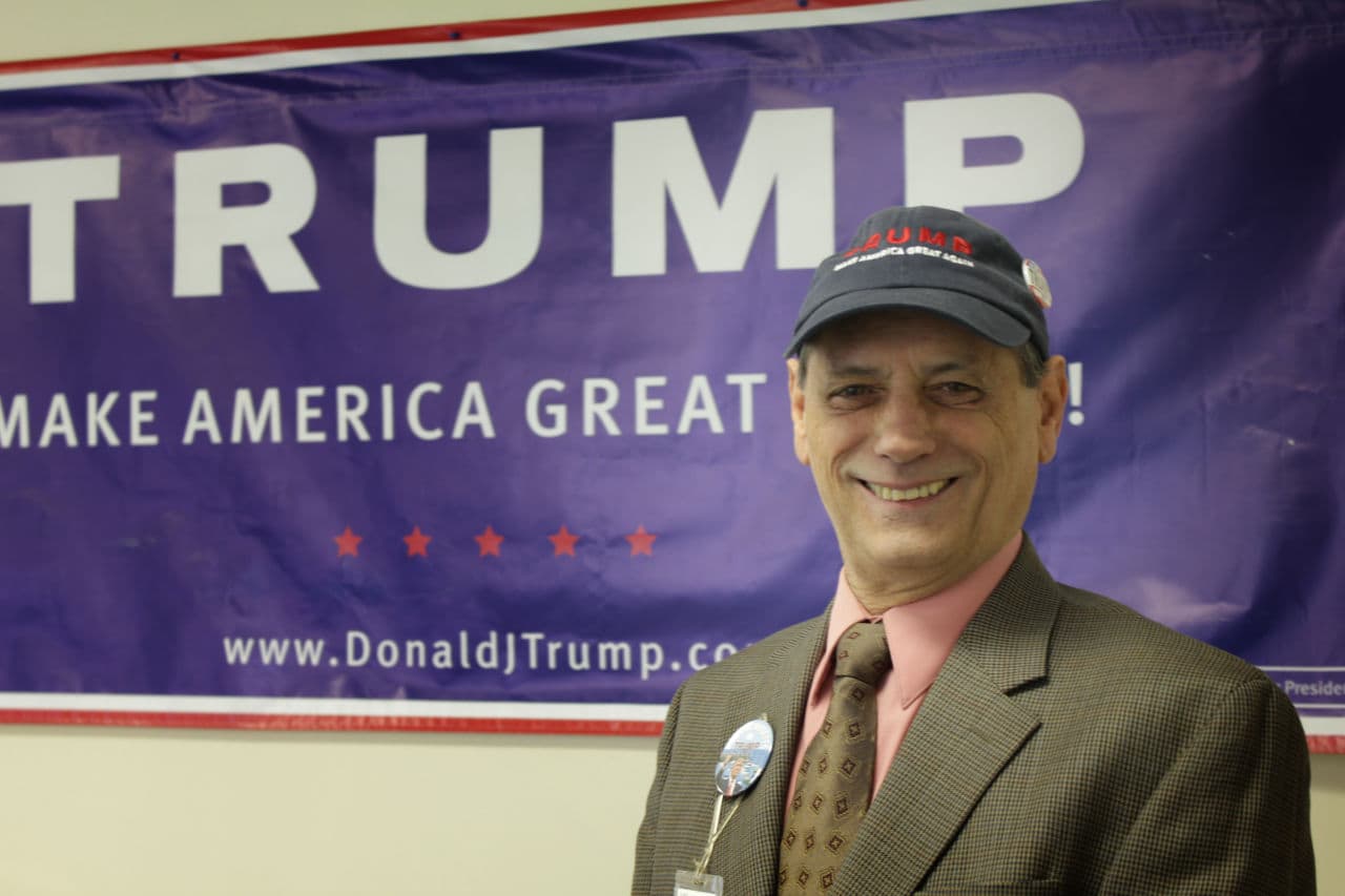Charlie Malo, of South Easton, volunteers at Donald Trump's presidential campaign office in Easton. Malo says part of Trump's appeal in Massachusetts, and nationwide, is that he's not a career politician. (Shannon Dooling/WBUR)