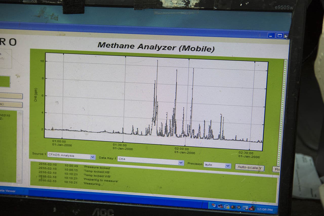 The final methane detection readout of our trip with Ackley from Framingham to Brookline and back along Route 9 (Jesse Costa/WBUR)