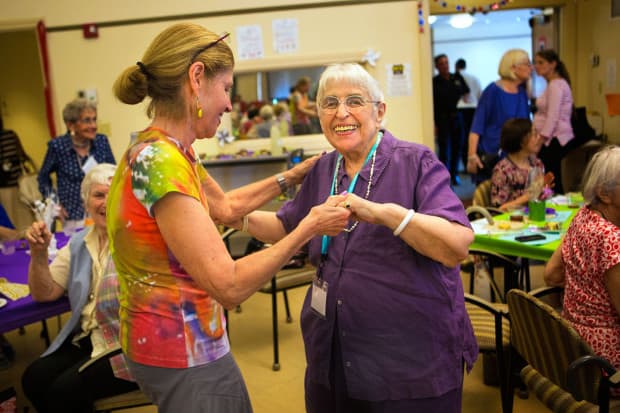 Ethel Weiss, pictured here in July 2015, with her daughter Anita Jamieson at the Brookline Senior Center. (Jesse Costa/WBUR)