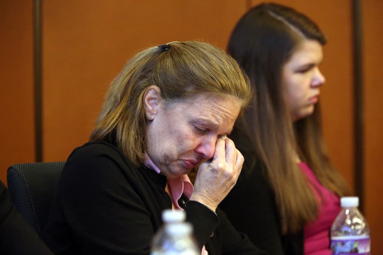 Peggie Ritzer, the mother of Colleen Ritzer, listens to her husband, Thomas, read his witness impact statement during Chism's sentencing in Salem Superior Court Friday, Feb. 26, 2016. (Ken Yuszkus/The Salem News via AP/Pool)