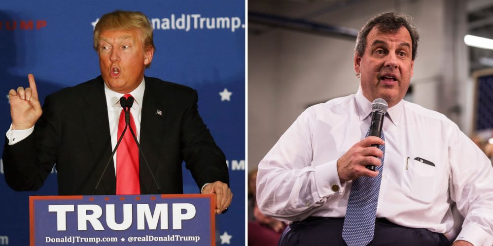 Left: Donald Trump speaks during a campaign event at Hampshire Hills Athletic Club on February 2, 2016 in Milford, Iowa. (Joe Raedle/Getty Images) Right: Chris Christie answers questions at the town hall at Nashua Community College on February 1, 2016 in Nashua, New Hampshire. (Andrew Burton/Getty Images)