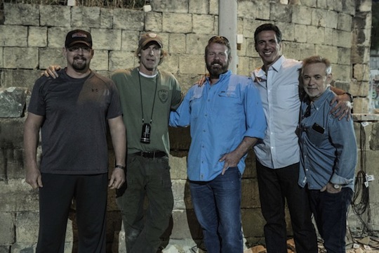 CIA contractor John "Tig" Tiegen, director Michael Bay, CIA contractor Mark "Oz" Geist, writer Mitchell Zuckoff and producer Erwin Stoff, on the "13 Hours" set in Malta (Courtesy Paramount Pictures)