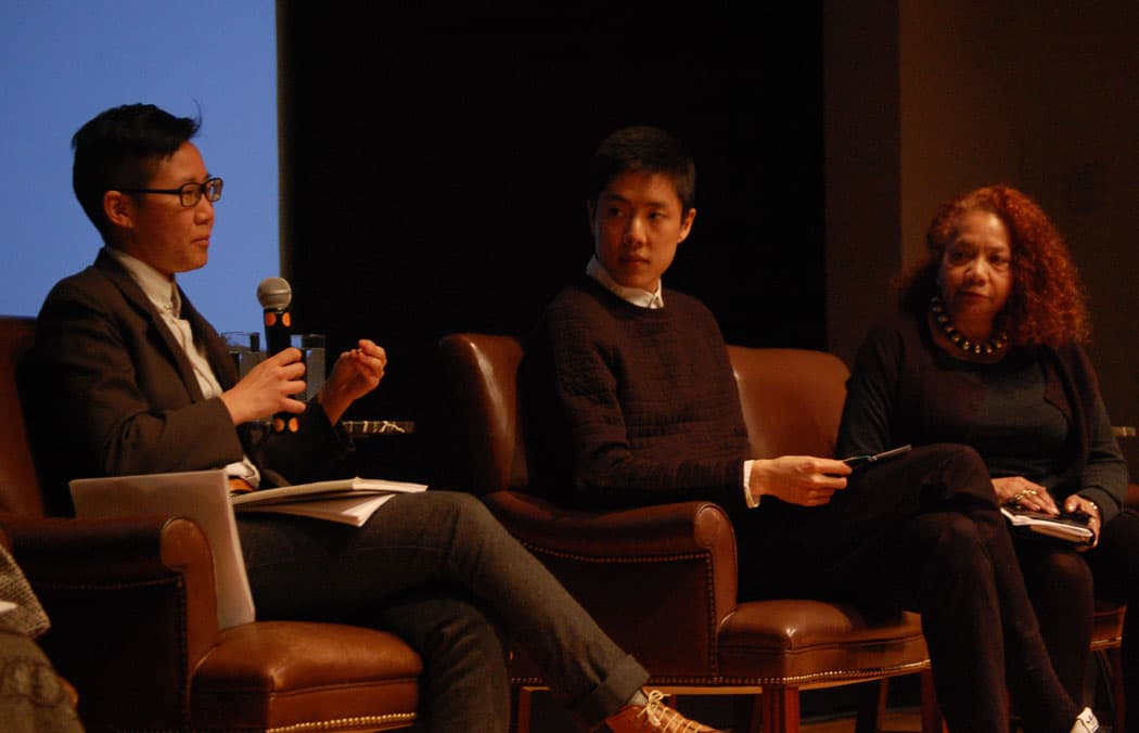 Xtina Huilan Wang, Ryan Wong and Barbara Lewis speak at "Kimono Wednesdays: A Conversation" at the MFA Feb. 7. (Greg Cook/WBUR)