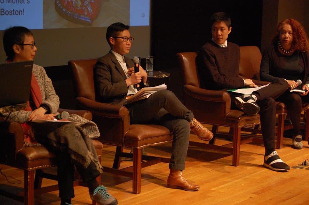 Reiko Tomii (from left), Xtina Huilan Wang, Ryan Wong and Barbara Lewis speak at "Kimono Wednesdays: A Conversation" at the MFA Feb. 7. (Greg Cook/WBUR)