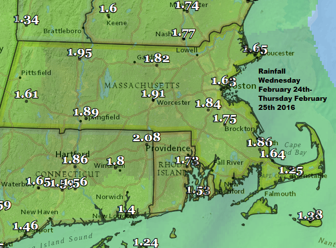 Expected rainfall through Thursday. (Dave Epstein/WBUR)