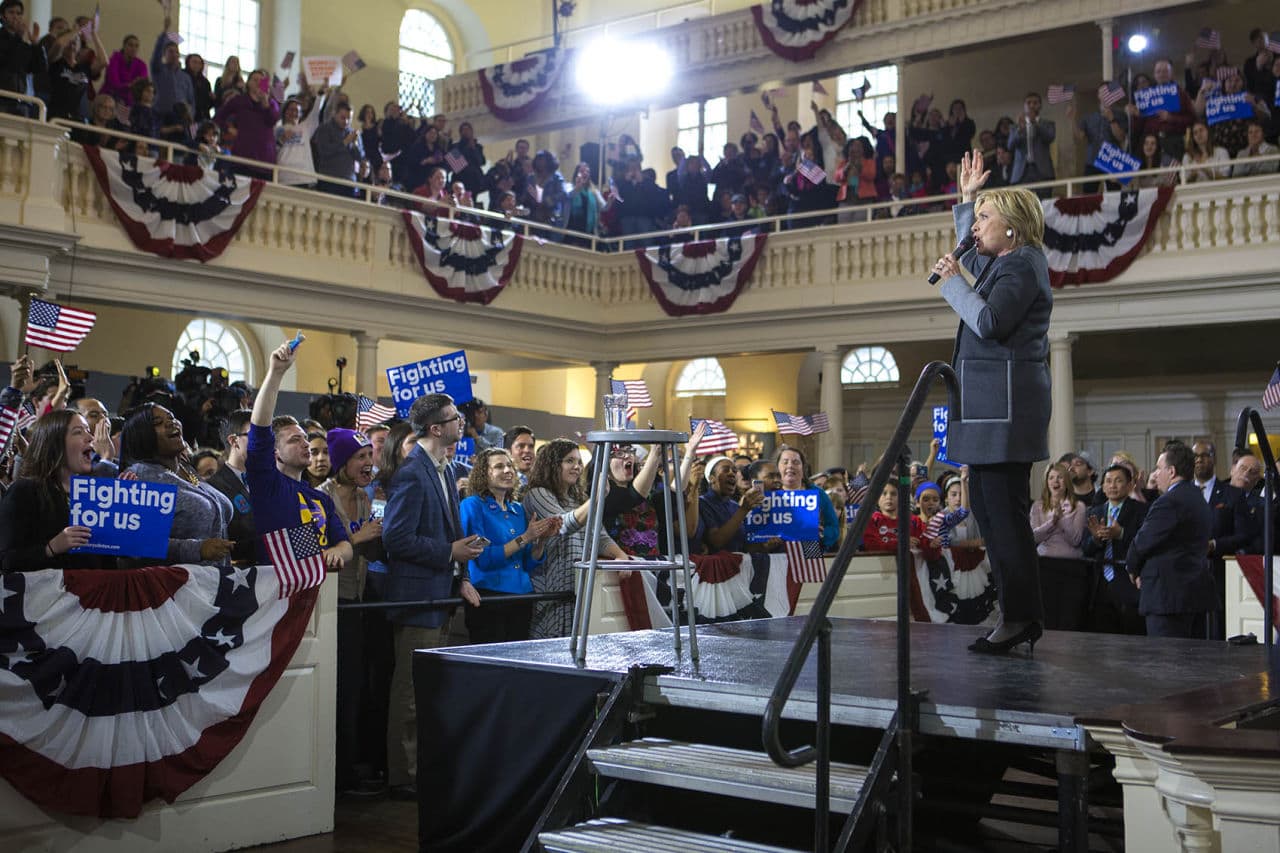 Clinton supporters cheer as she gives her speech at the Old South Meeting House in Boston. (Jesse Costa/WBUR)