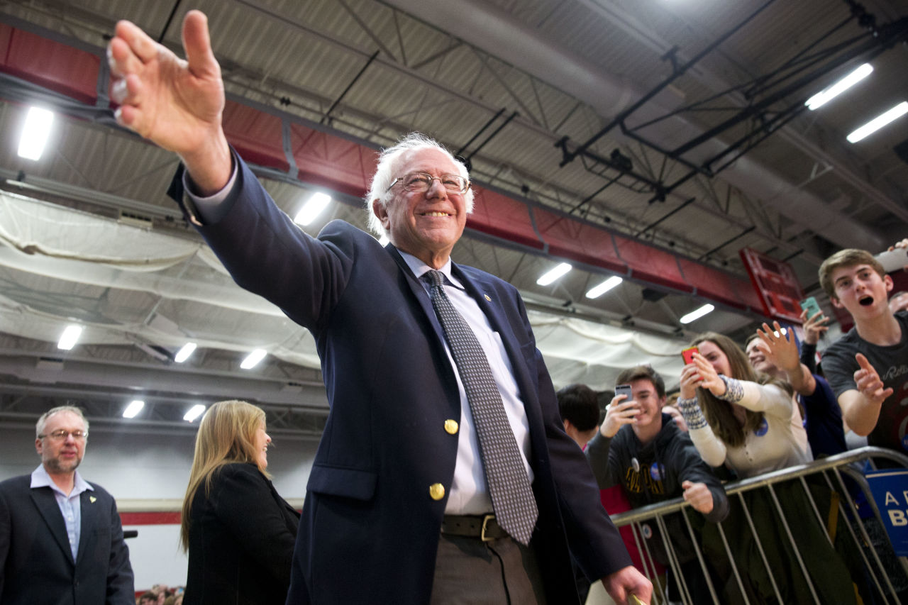 Bernie Sanders greets supporters during a campaign rally at Milton High School Monday evening. (Jacquelyn Martin/AP)