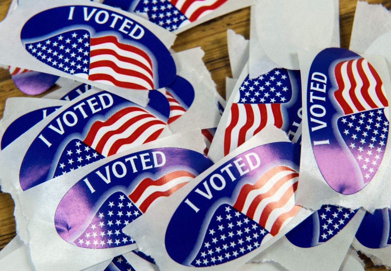 A stack of "I voted" stickers are seen March 1, 2016, at one of the Virginia primary election polling stations at Colin Powell Elementary School, in Centreville, Virginia. Voters in a dozen states will take part in "Super Tuesday" -- a series of primaries and caucuses in states ranging from Alaska to Virginia, with Virginia the first to open its polling stations at 6:00 am (Paul J. Richards/AFP/Getty Images)