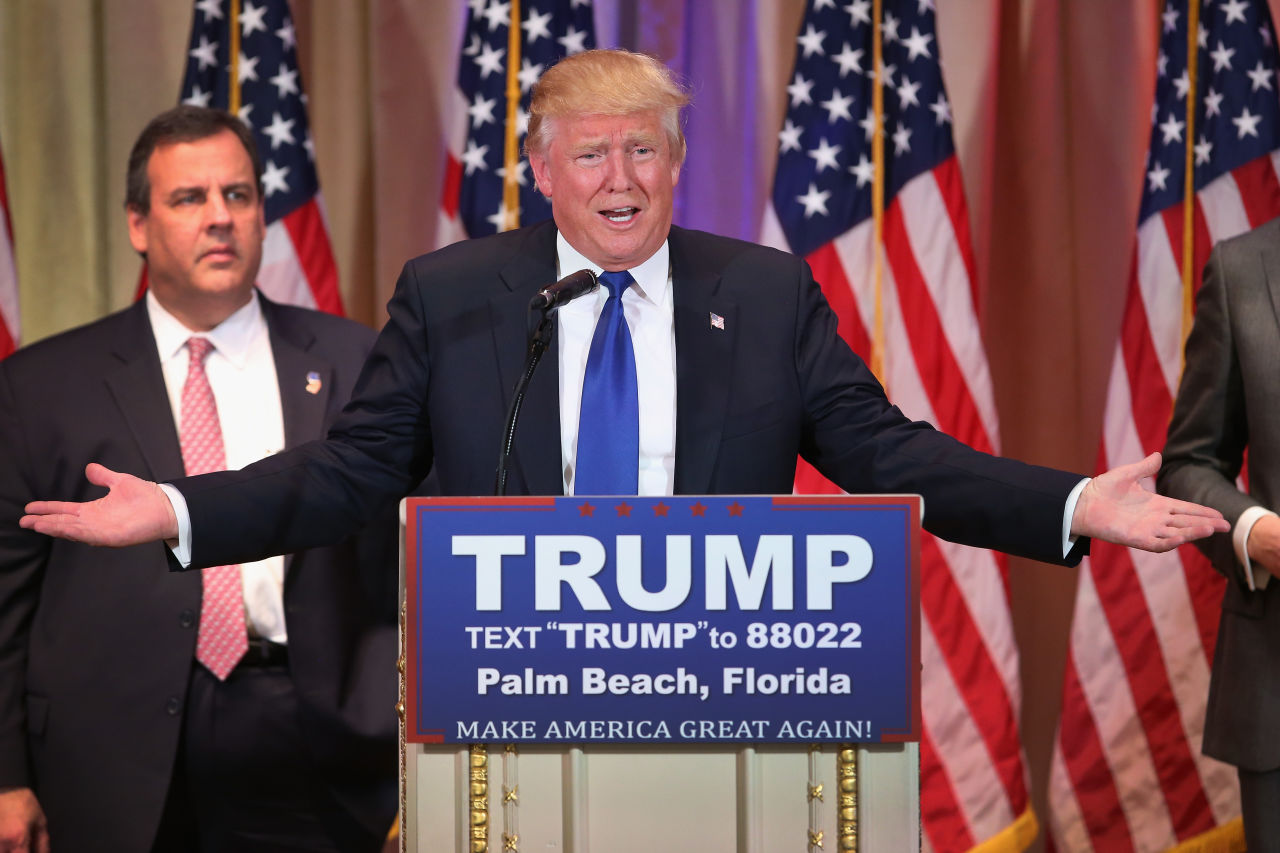 Republican Presidential front-runner Donald Trump speaks to the media at the Mar-A-Lago Club on March 1, 2016 in Palm Beach, Florida. Trump held the press conference after the closing of Super Tuesday polls in a dozen states. (John Moore/Getty Images)