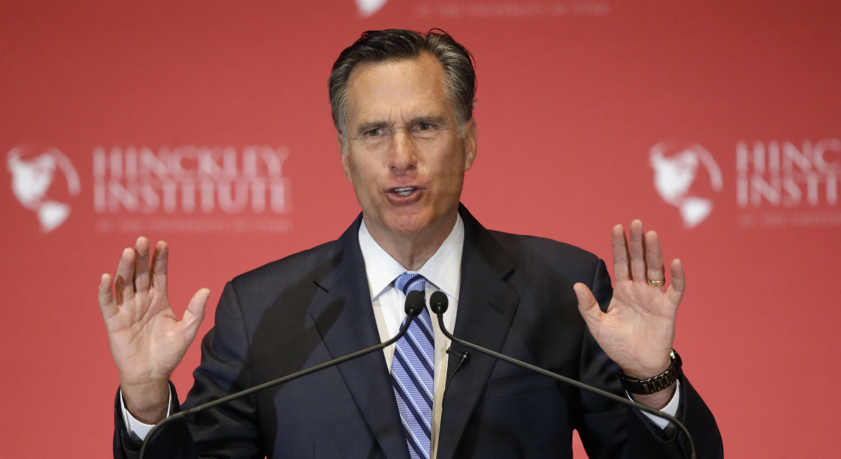 Former Republican presidential candidate Mitt Romney weighs in on the Republican presidential race during a speech at the University of Utah, Thursday, March 3, 2016, in Salt Lake City. The 2012 GOP presidential nominee has been critical of front-runner Donald Trump on Twitter in recent weeks and has yet to endorse any of the candidates. (Rick Bowmer/AP)