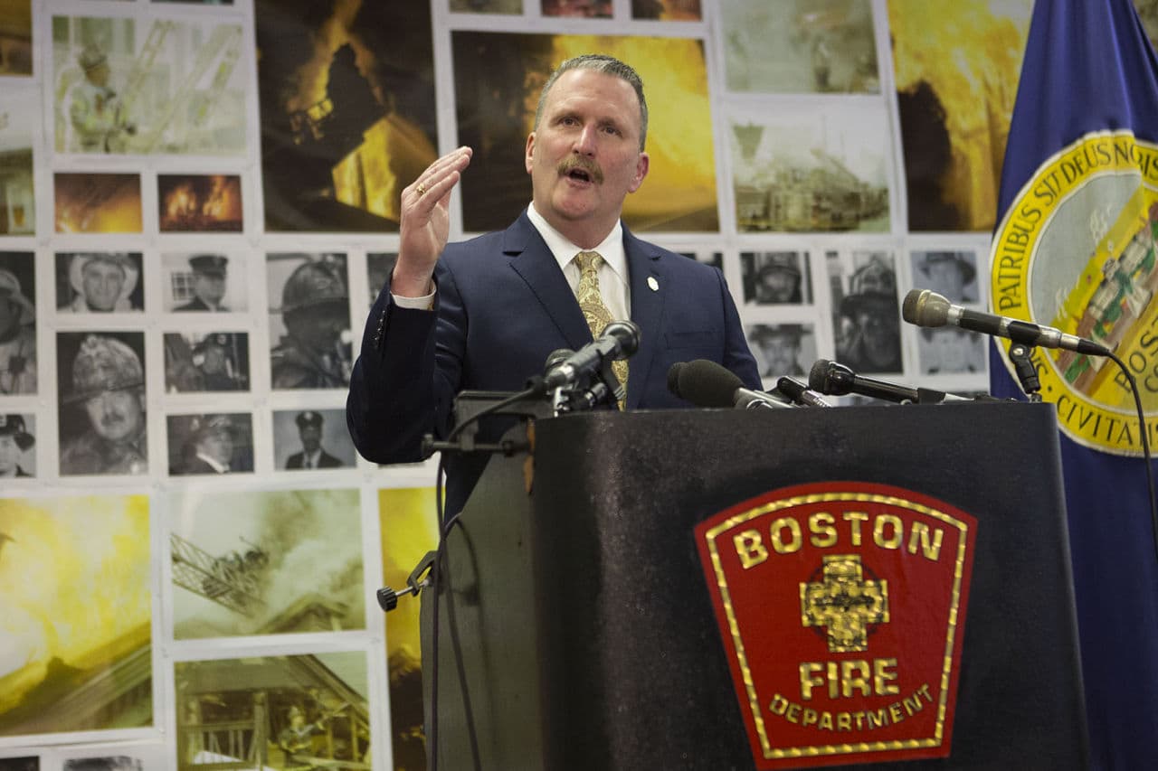 Boston Fire Commissioner Joseph Finn addresses the media Thursday and comments on the National Institute of Occupational Safety and Health's report regarding a 2014 fire that killed two firefighters. (Jesse Costa/WBUR)