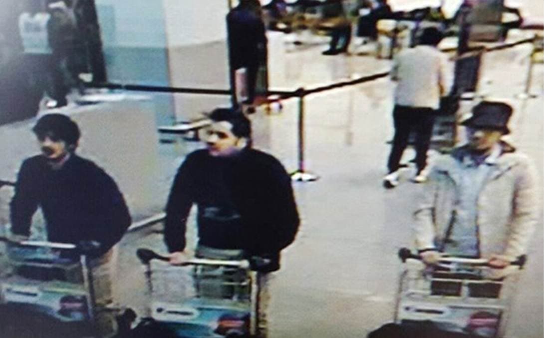 Belgian authorities have released this still image from surveillance video of three men suspected of taking part in the attacks at Belgium's Zaventem Airport. (Belgian Federal Police)
