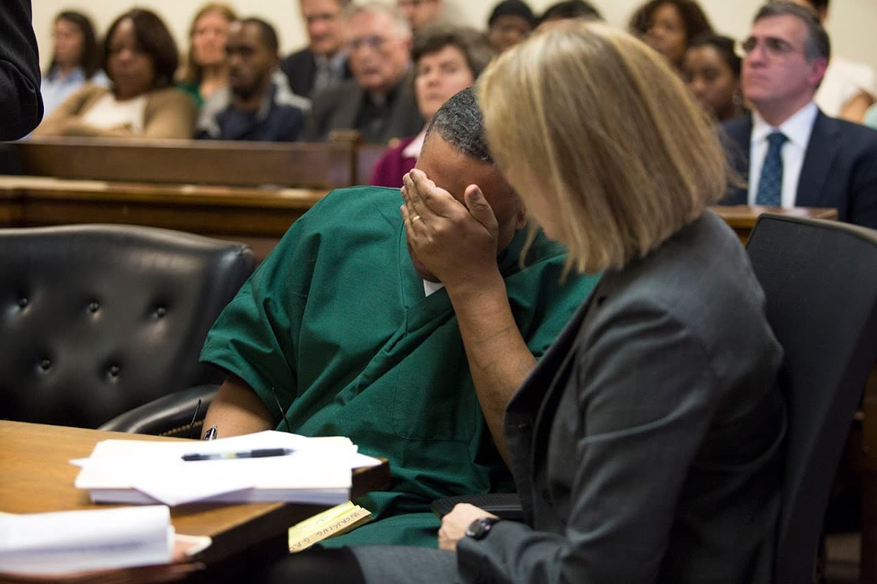 Jones becomes upset at the mention of the videotaped evidence of Terie Lynn Starks. (Jesse Costa/WBUR)