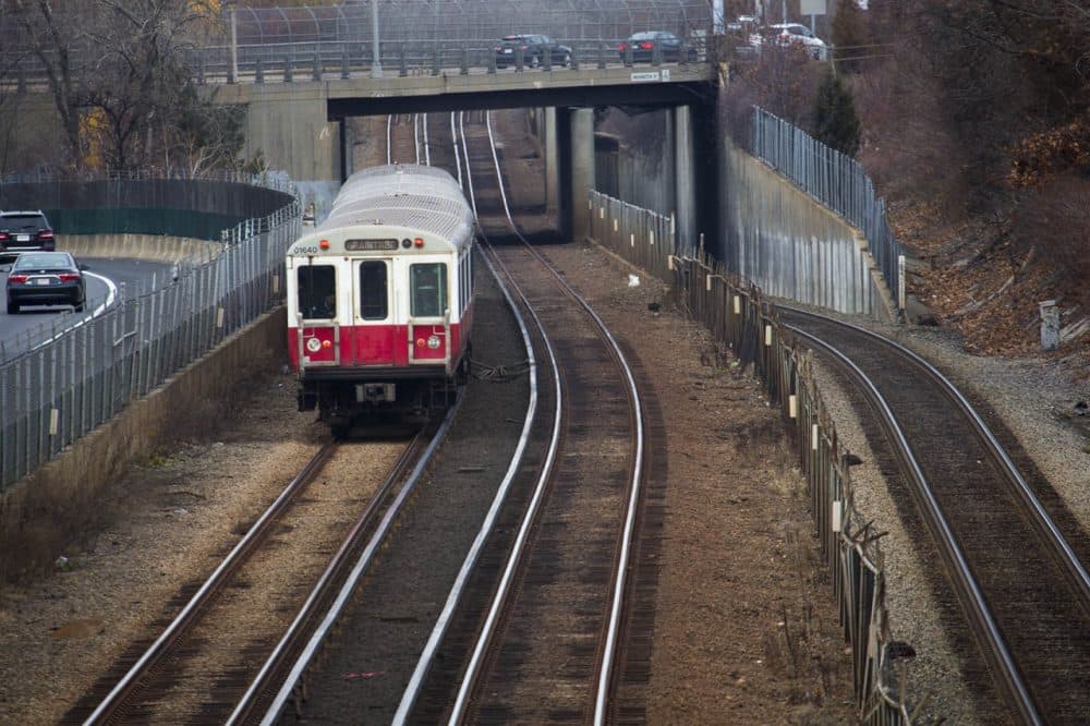 An MBTA Red Line train heads toward Braintree Station. (Jesse Costa/WBUR/File)