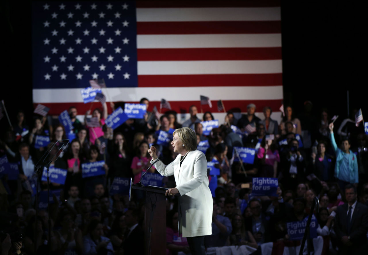 Democratic presidential candidate Hillary Clinton addresses supporters at her Super Tuesday rally in Miami Tuesday. (Gerald Herbert/AP)